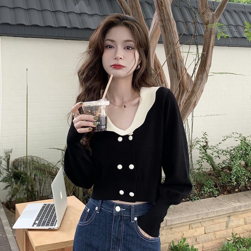 ブラックニットカーディガンスプリングオータムスタンダードセーター ジャケット ショートトップス レトロ 春物 秋物 スーパーモール78036075500