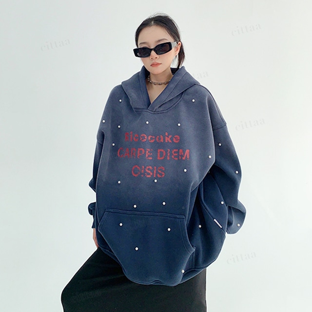 ★予約★D-674 2025秋新作♡Ricecakeパールスタッズグラデーションデザインフーディー ネイビー ★予約★D-674 2025秋新作♡Ricecakeパールスタッズグラデーションデザインフーディー ネイビー