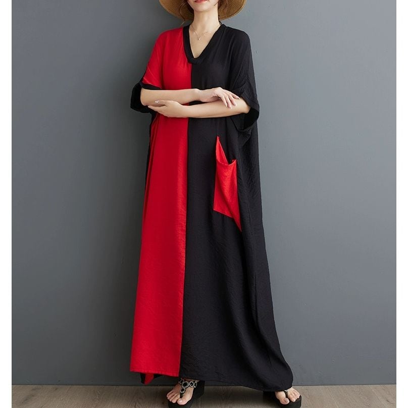 ASYMMETRIC CONTRAST V-NECK HALF SLEEVES MAXI DRESS 1color M-9901