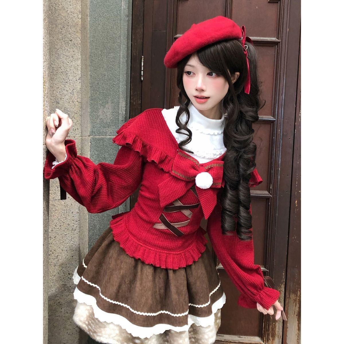 クリスマスレッドセーターブラウンスカートセットアップ：トップス+