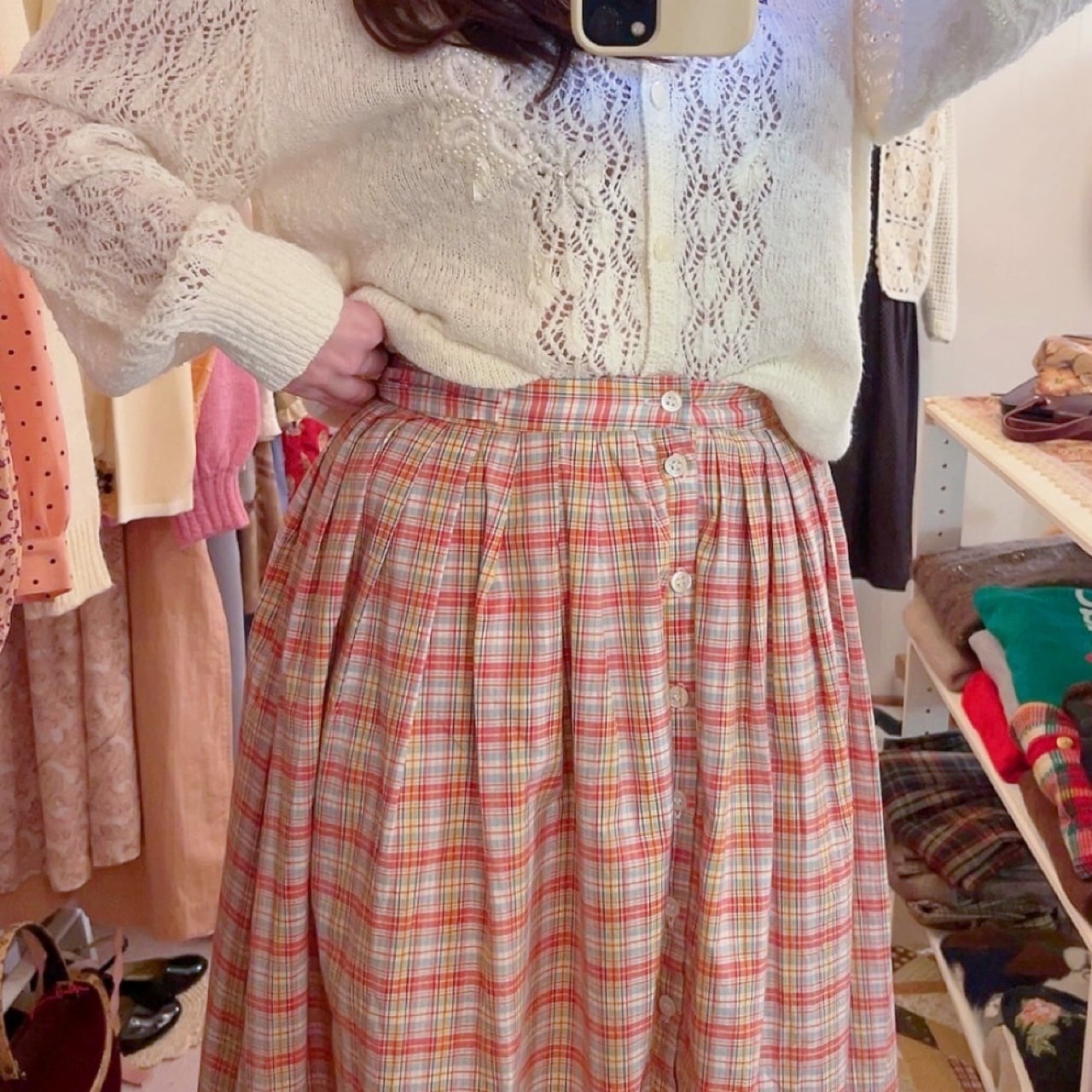 check waist ribbon skirt