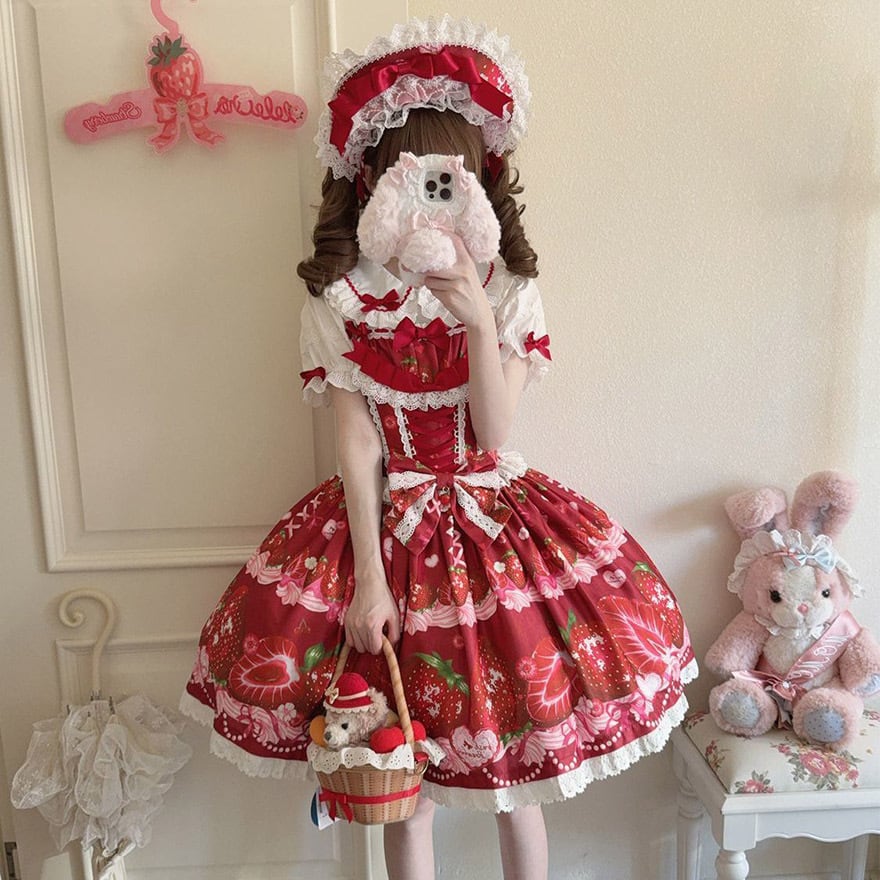 ストロベリー ロリータ いちご 甘ロリ クラロリ ワンピース ブラウス 甘ロリ JSK ストロベリープリント×ゆめかわいい｜WithU | ゴスロリ通販
