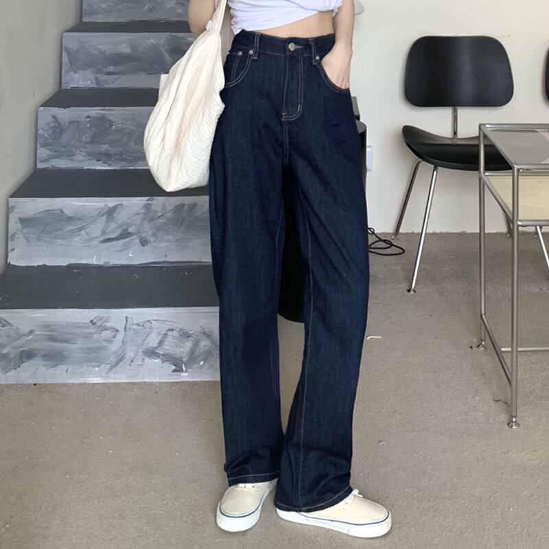 ダークブルージーンズ ルーズスプリングオータムハイウェストウェストワイドレッグパンツ 春物 秋物 ワイドパンツ 試着室34496535147
