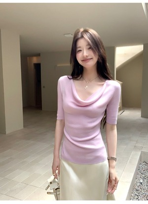 Drape Neck half Sleeve Rib Knit【H00071】