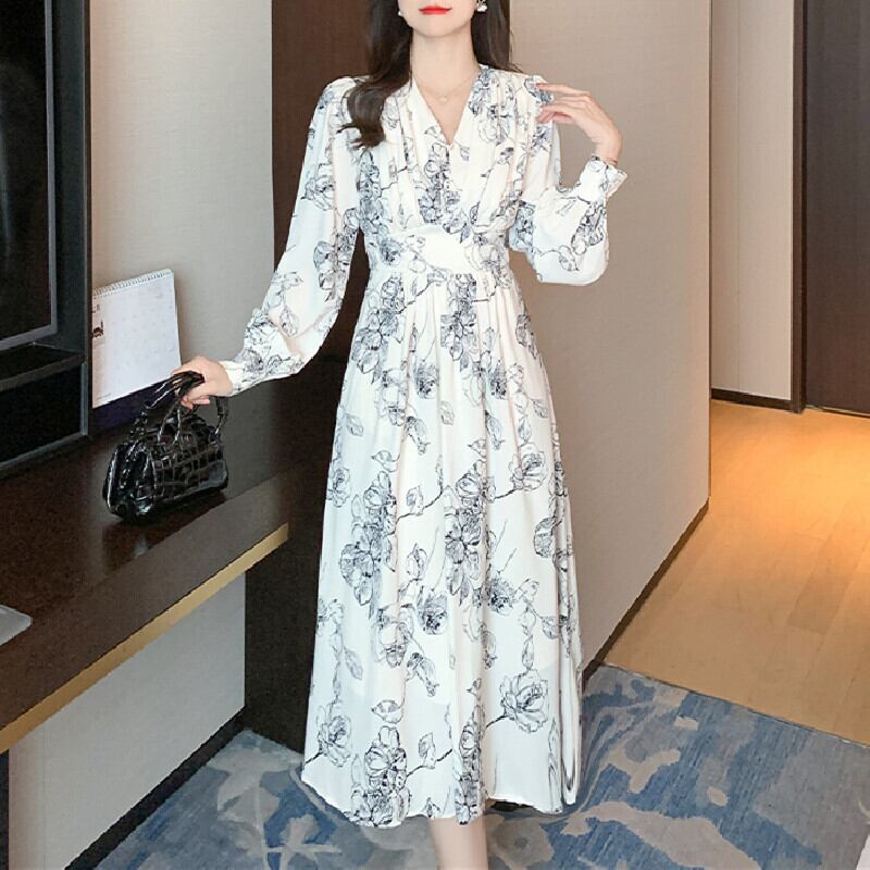 【送料無料】花柄 ランタンスリーブ ロング丈 ワンピース ワンピース ロング丈 プリント 大きいサイズ Vネック 花模様
