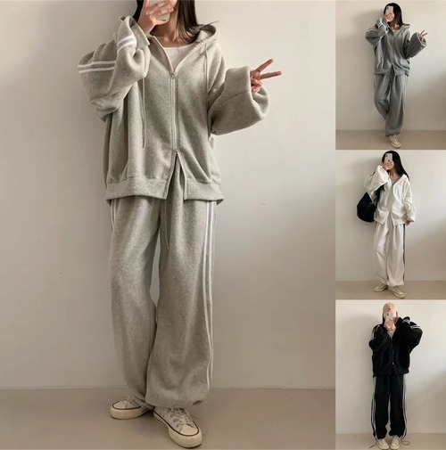 4カラー セットアップ 上下セット スウェット サイドライン ダブルジップ パーカー パンツ ジャージ ルーズ レトロ 大人可愛い ガーリー カジュアル a858330931501