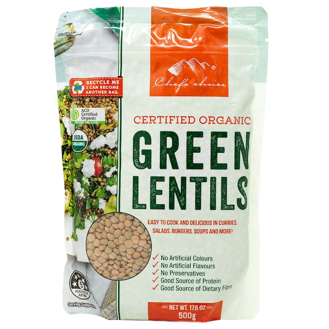 シェフズチョイス オーガニック 緑レンズ豆 グリーンレンティル 500g Organic Green Lentils