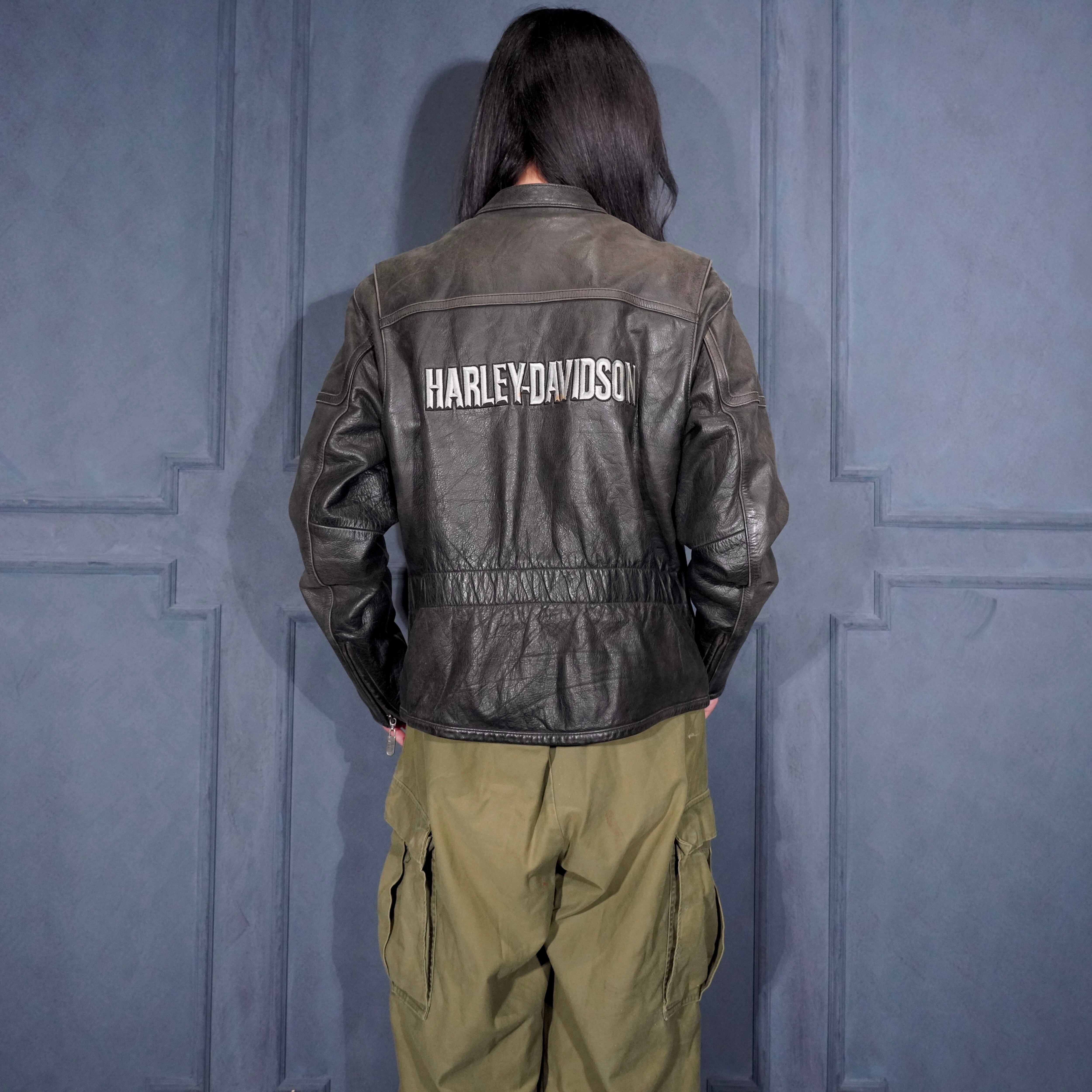 【激レア】ハーレーダビッドソン TALONジップ ビジュー 刺繍 ブルゾン USA VINTAGE LOGO EMBROIDERY DESIGN ZIP UP LEATHER BLOUSON/アメリカ