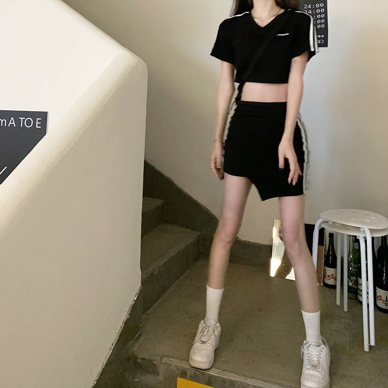 サマーカジュアルVネックショートTシャツ トップス サイドストライプスカート 夏物 モンロー50109711461