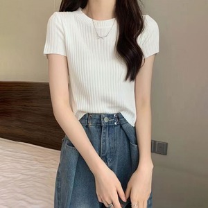 リブニット Tシャツ 半袖 レディース 春夏 薄手 きれいめ シンプル 大人 カジュアル 伸縮性 無地 ニット リブ編み コンパクト ニットソー 大人可愛い 大人女子