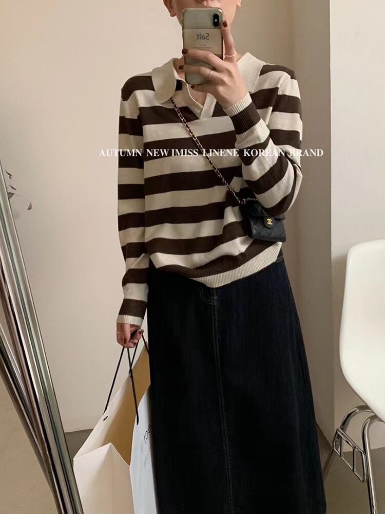 ストライプカラーセーター レディーススプリングオータムルーズトップス ロング 春物 秋物 ビッグFスモールZ韓国43789900081