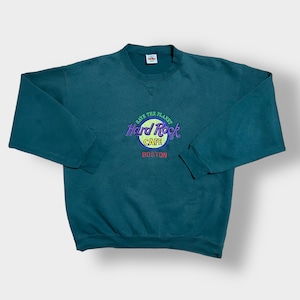Hard Rock Cafe 90s USA製 スウェット トレーナー ロゴ 刺繍 プルオーバー ディープグリーン ユニセックス XL ビッグサイズ ヴィンテージ  ビンテージ オールド ハードロックカフェ ボストン US古着