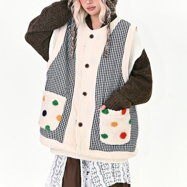 dot x check reversible boa vest　ドット×チェックリバーシブルボアベスト　J1655