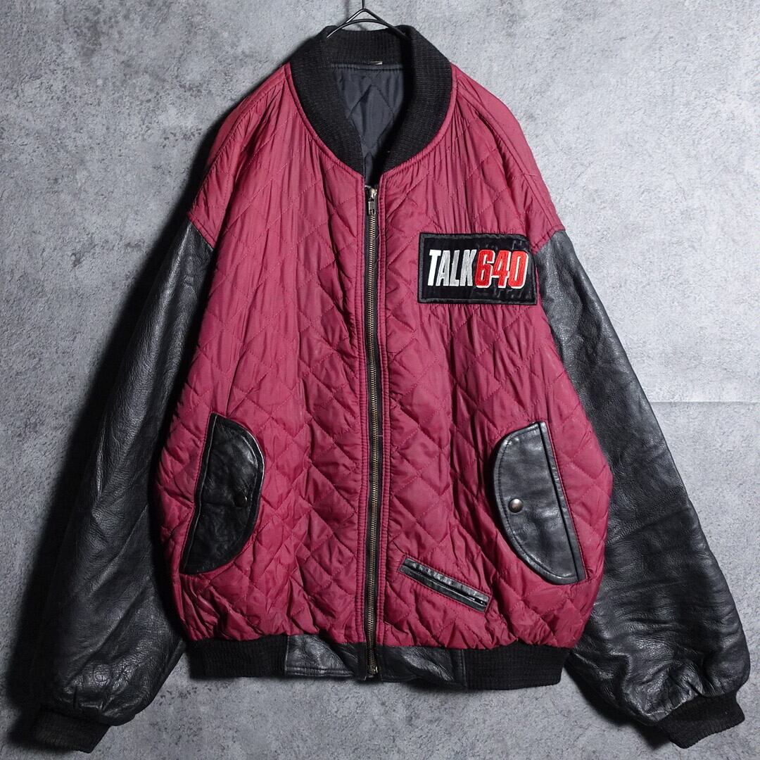 Wine red quilted & leather stadium jacket