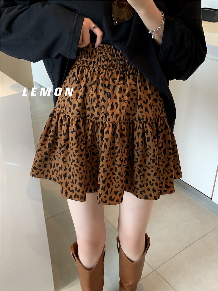 レオパードプリント柄ハイウェストレーススカート サマースリムショート 夏物 ビッグFスモールZ韓国8355472442