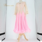 社交ダンス 衣装 スタンダード ドレス ワンピース パーティドレス レディース ピンク系 ゴールド系 花柄 レース 長袖 準正装 長袖 華やか フォーマル ドレッシー かわいい おしゃれ 大人 レディース服 伸縮性 ふんわり 二重スカート 高級感 洗練 上品 パーティー用 社交ダンス用 ルームウェア お出かけ 撮影用 人気商品 トレンド