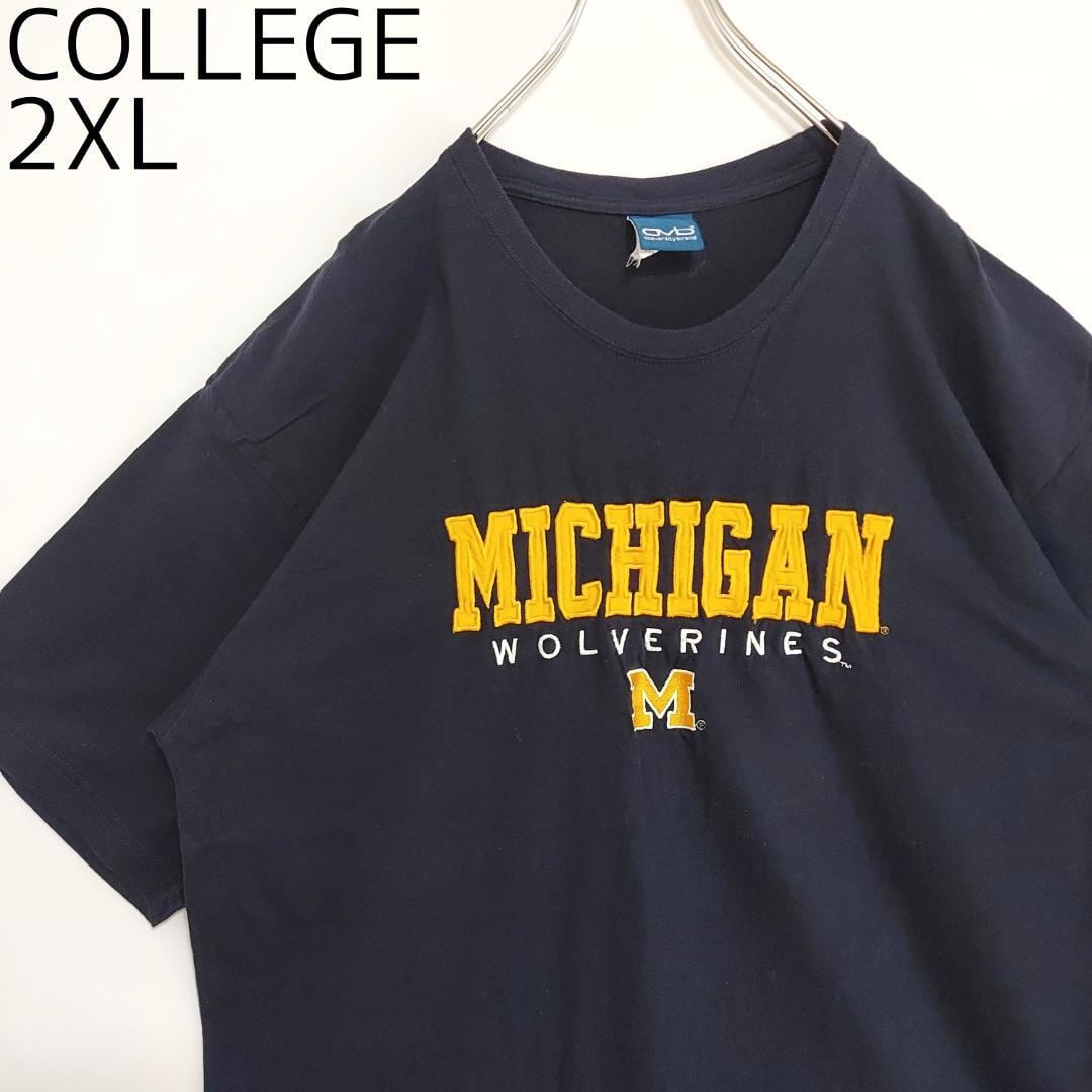 ミシガン大学 ウルヴァリンズ カレッジロゴ刺繍Tシャツ 2XL 紺 黄色 白 