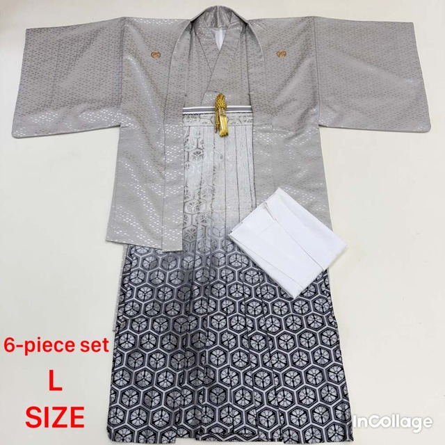 紋付袴 6点セット 着物 羽織 袴 長襦袢 羽織紐 角帯 裄75.5cm 袴丈89cm L グレー 五つ紋 中古 4497