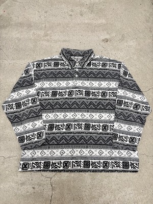 90s John Baner/Multi print L/S Polo Shirt/XL相当/総柄/長袖ポロシャツ/マルチプリント/グレ－/ホワイト/ジョンバナ－