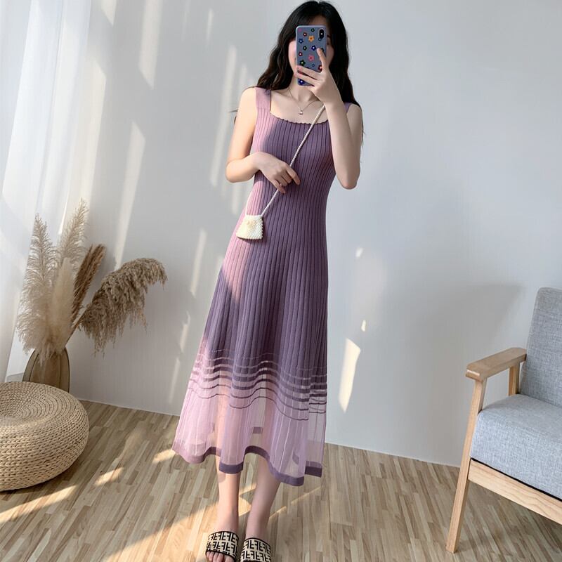 レトロ ガーリー シースルー ニット ワンピース ロング丈 ドレス