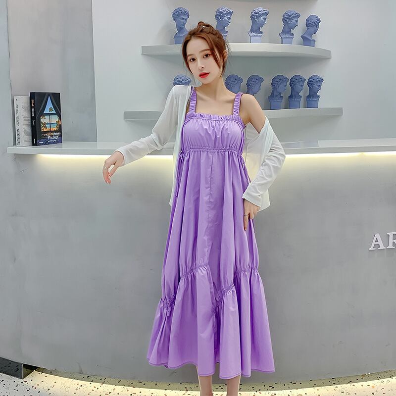 【新作】【送料無料】 マタニティウェア2020夏の新しい流行の母親妊娠中のツーピースの日焼け止めシャツ+綿とリネンのミドル丈ルーズサスペンダースカート-アリババ コットン サマー 夏物 expec255821320214