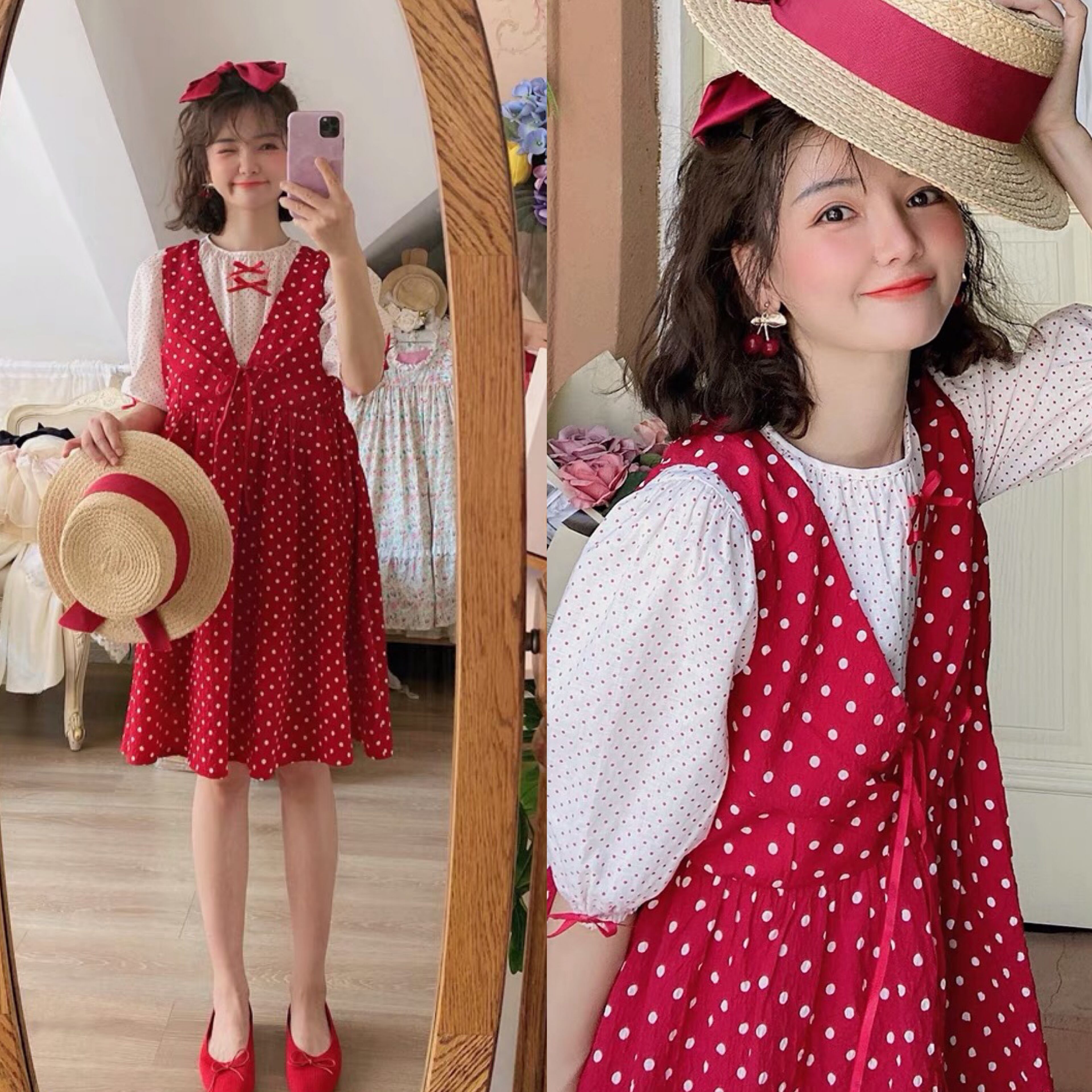 インゲボルグ 赤×生成色 ドット柄 水玉 ポリ ワンピース INGEBORG