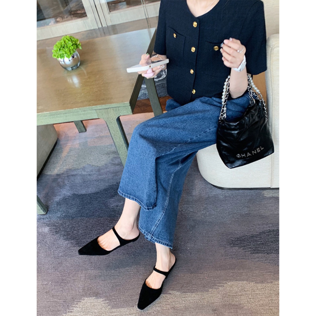 スエード素材ポインテッドトゥミュールサンダル W10340