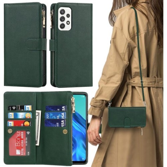 Galaxy A52 5G ケース 手帳型 ショルダー A52 ケース galaxy SC53B ケース A525G スマホケース A52ケース 手帳型 適用 case iCoverCase ストラップホール付き カード収納 バッグ マグネット 留め具 肩がけ 首掛け 斜め掛け カードケース ファスナー型 ストラップ付き カバー ショルダーケース クロスボディケース カード入れ スマホケース 携帯カバー 深い緑 ダークグリーン 1090