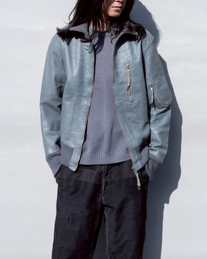 German military Bundeswehr leather flight jacket / high neck rib collar / sleeve utility pocket / gray leather