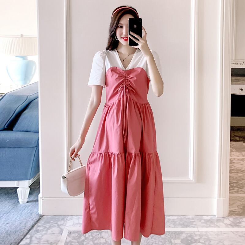 【新作】【送料無料】 マタニティ2020夏の新しいファッションコットンとリネンの巾着Vネックドレスミドル丈のファッションマタニティドレス-アリババ サマー 夏物 expec25347389686