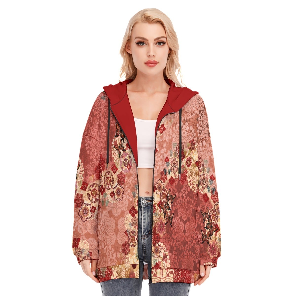 蝶柄珊瑚色 和柄ユニセックスジップアップパーカー ドロップ