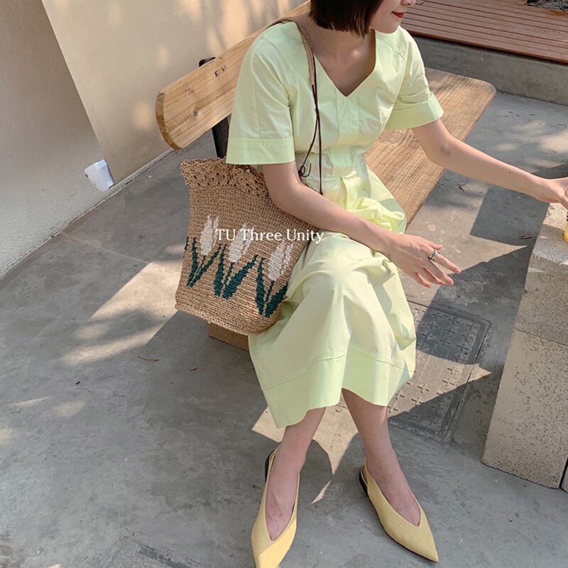 Vネックソリッド カラーロングスカート スタンダードドレス レディース レトロ ソリッドカラー ビッグFスモールZ韓国20904181177