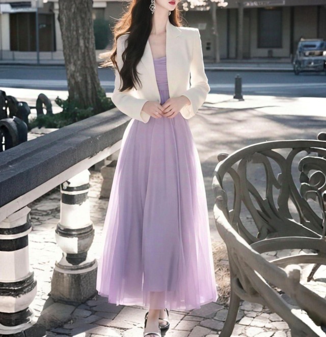 セットアップ ジャケット ロングワンピース 2点セット 上下セット レディース トップス ワンピース ドレス アウター 上着 羽織 膝下 ロング 長袖 Vネック 襟付き フレア Aライン 切り替え フェミニン チュール ハイウエスト 前開き ギャザー かわいい 大人可愛い きれいめ シンプル 上品 おしゃれ エレガント 無地 春 秋 冬 二次会 ママ 通勤 学生 学校 通学 デート お出かけ 女子会 休日 発表会 重ね着 脚長 S M L XL 2XL 3XL 大きいサイズ 白 ホワイト 紫 パープル