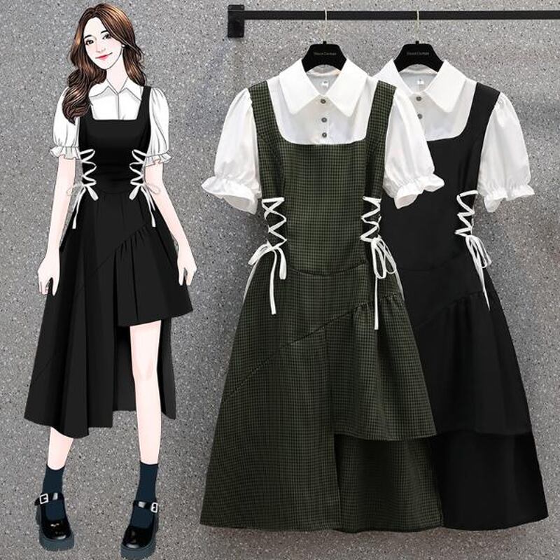 サブカル 服 地雷系 通販 フェイク ツーピース 半袖ワンピ リボン 編み上げ アシンメトリー ミドル丈 Aライン 闇かわいい 量産型