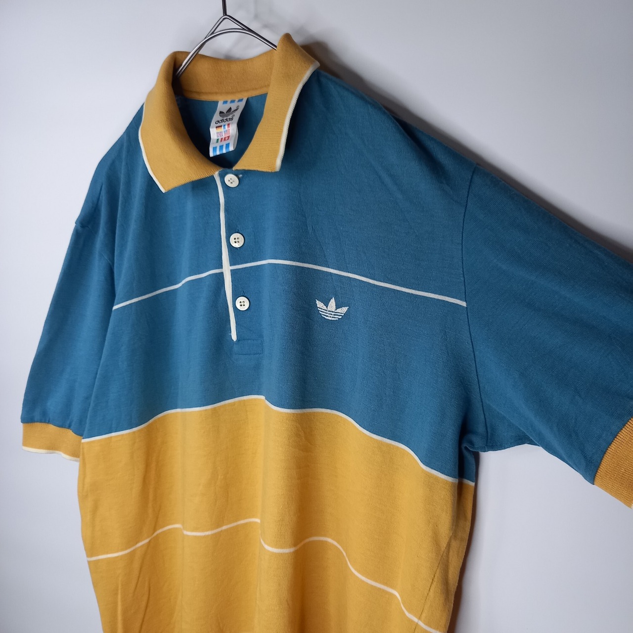 90s　アディダス　ポロシャツ　半袖　ボーダー　刺繍ロゴ　US L