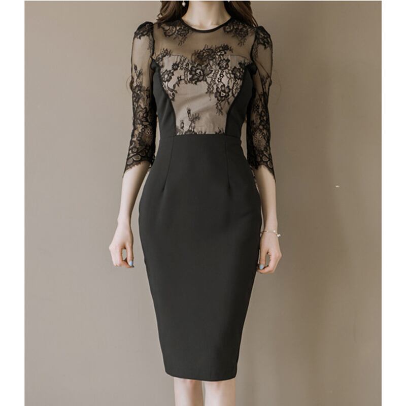 花柄レース・シースルータイトドレス