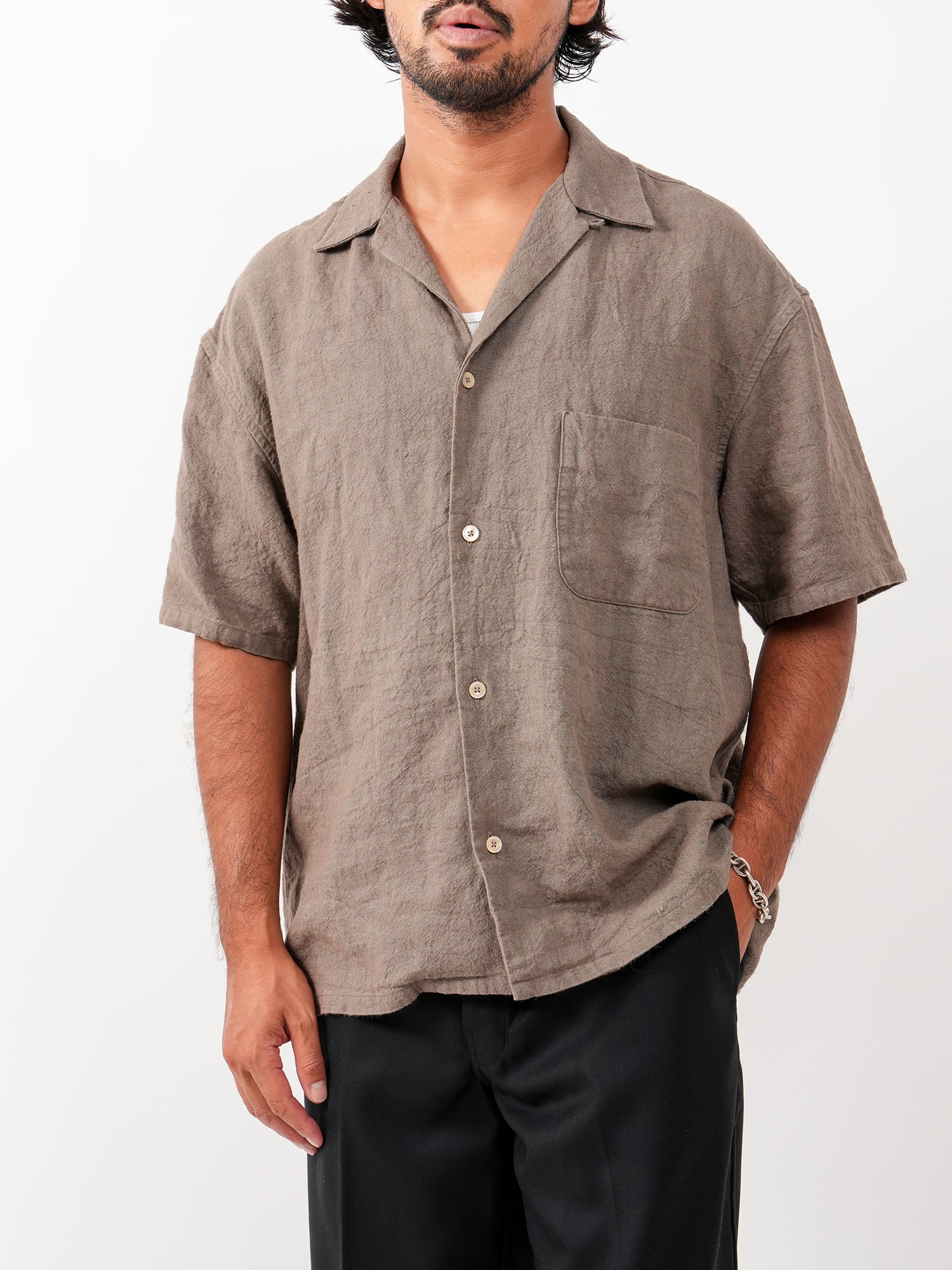 Hemp Short Sleeve Open Collar Shirt (brown) | OVY