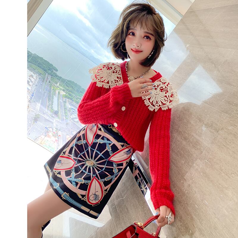 レースニットカーディガンハイウェストウェストプリントスカート オータム 秋物 ステッチ MIUCO24432020849