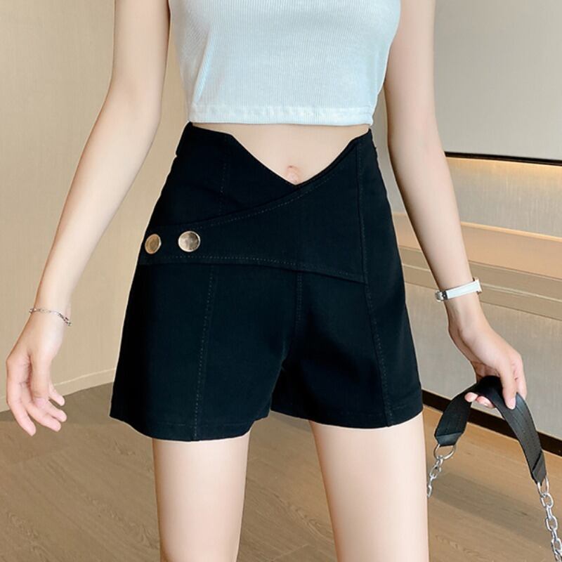 ブラックカジュアルパンツ サマーハイウェストウェストルーズ 夏物 ハンチェンe40278773307