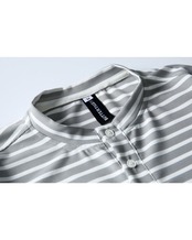 ボーダー柄ハーフボタンバンドカラー長袖Tシャツ S0666