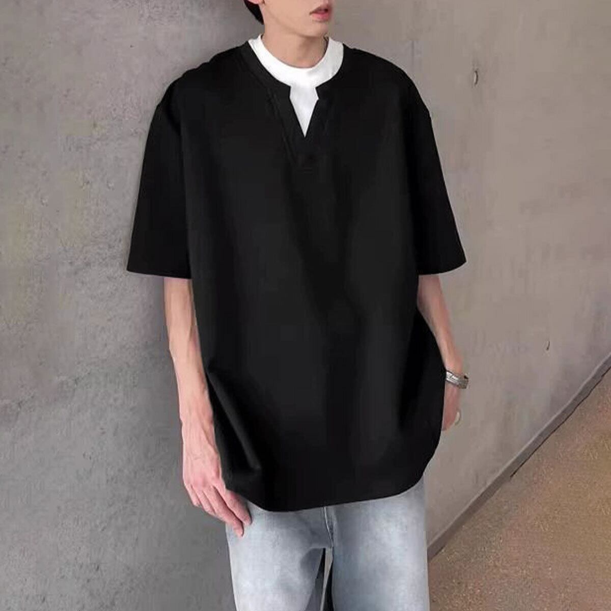 レイヤード風 半袖 Tシャツ メンズ レディース 春夏秋 韓国 トップス 大人 カジュアル シンプル 重ね着 ゆったり オーバーサイズ 無地 フェイクレイヤード 大人可愛い 大人女子