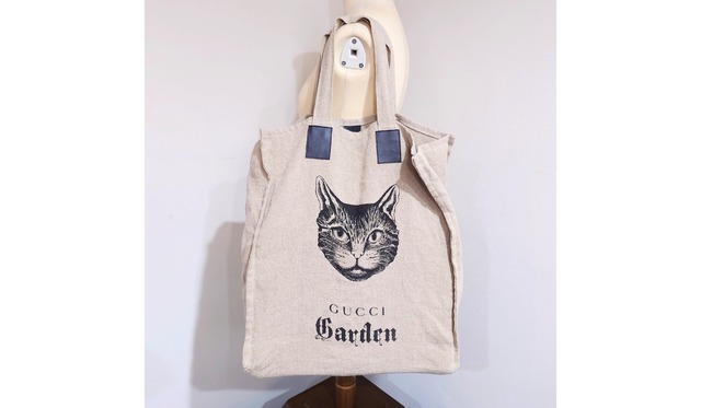 限定 GUCCI Garden グッチ ガーデン リネン マチ付き トートバッグ 猫 ネコ キャット 麻 ナチュラル レザー ショルダーバッグ エコバッグ
