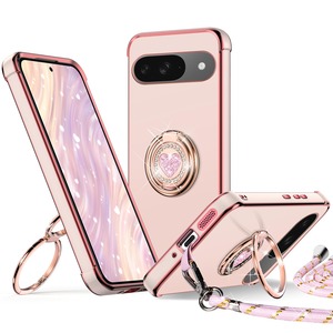 【人気】Rockaway 互換性 Pixel 9 用ケース ダブルリング付き ショルダー ストラップ付き 耐衝撃 薄型 軽量 紐付き 肩掛け 斜めかけ かわいい 女の子 おしゃれ スマホケース ピクセル9 用カバー - ピンク