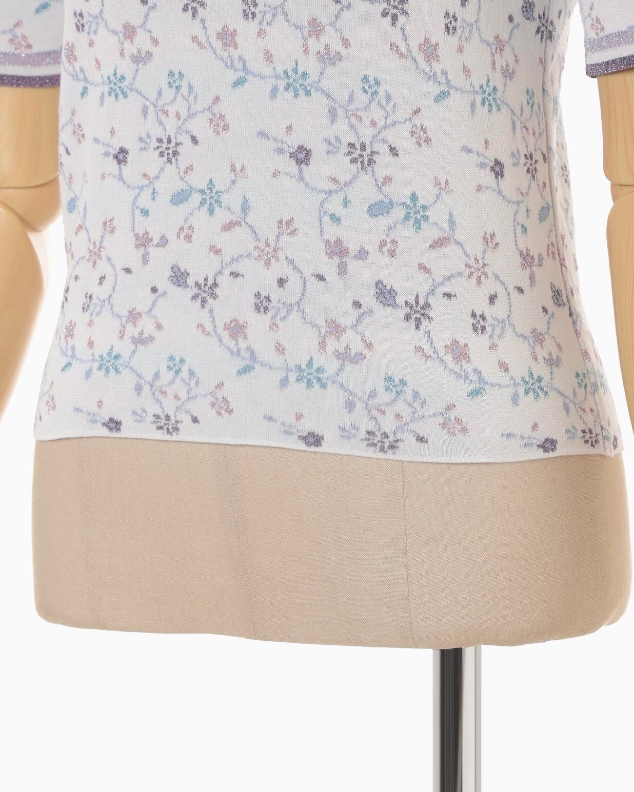 Mame Kurogouchi】Floral Motif Glitter Short Sleeve Knit Top/white