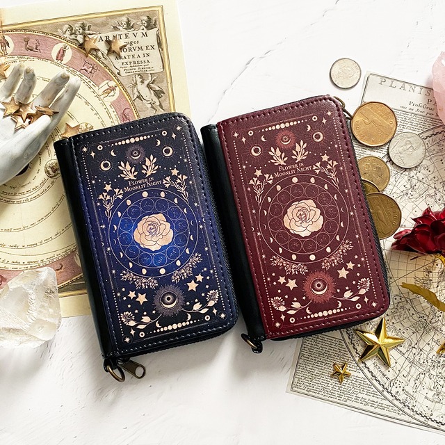 架空の洋書 "月夜の花" 12星座とアンティークフラワーの本 ミニ財布・コンパクト財布 リールストラップ付き
