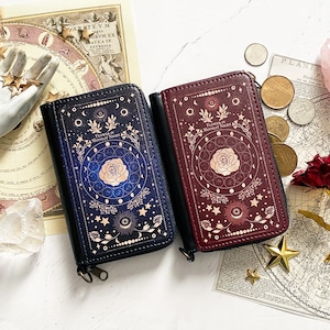 架空の洋書 "月夜の花" 12星座とアンティークフラワーの本 ミニ財布・コンパクト財布 キーウォレット