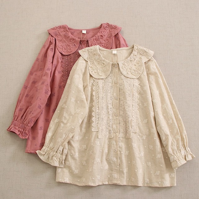 フラワー立体刺繍ドールカラーフロントレースシャツ W0402