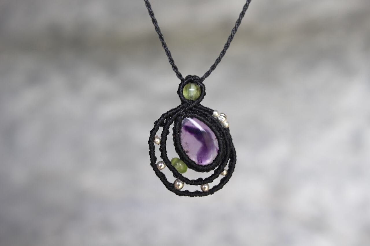 Trapiche amethyst micromacrame moon pendant