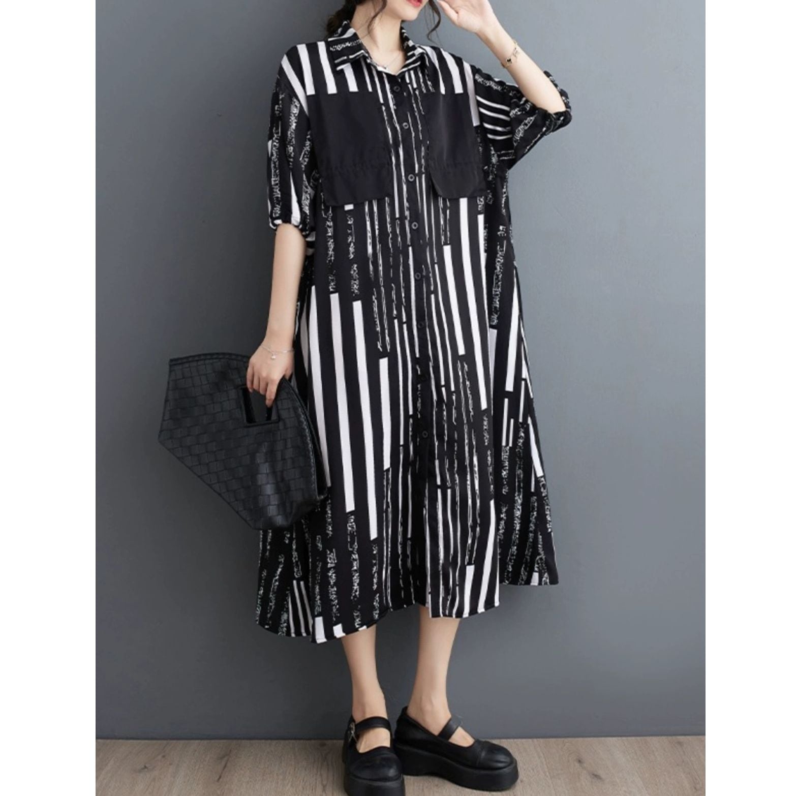 DESIGN STRIPE HALF SLEEVES A-LINE MIDI SHIRT DRESS 2colors M-9835