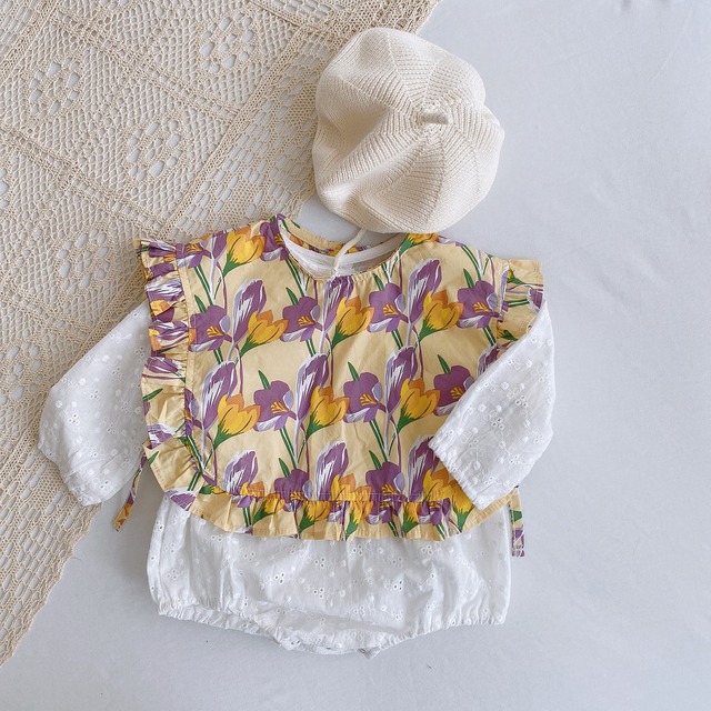 ワンピースオータムFlowerデザイン ブラウス スタイルロンパース オールインワン ロング コットン 秋物 フラワーデザイン パープル 超面白いベビーショップ40044094774